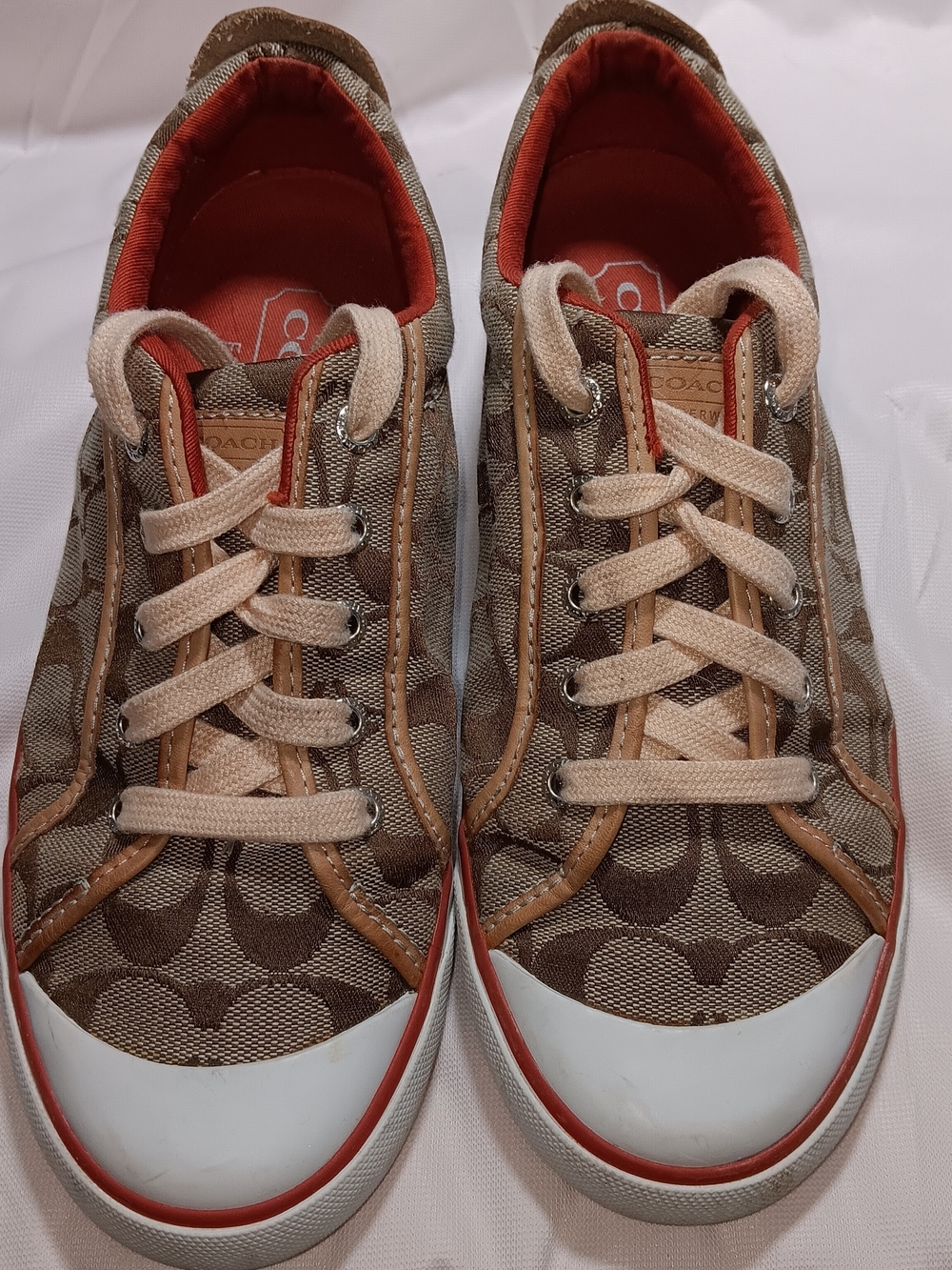 Coach Barrett Signature Logo Canvas Tennis Shoes Brown Red Trim Size 8.5M